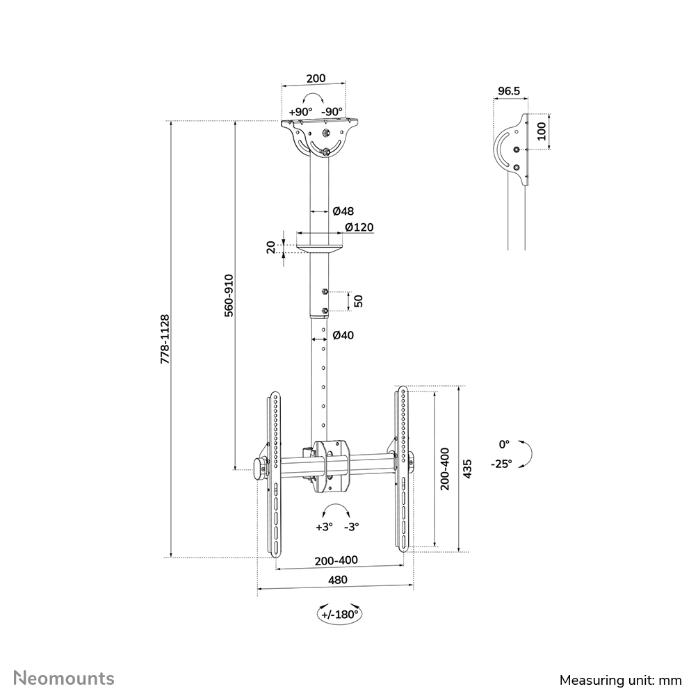Neomounts NM-C440BLACK Soporte de techo para monitor/TV 32-60" - alt. 56-91 cm